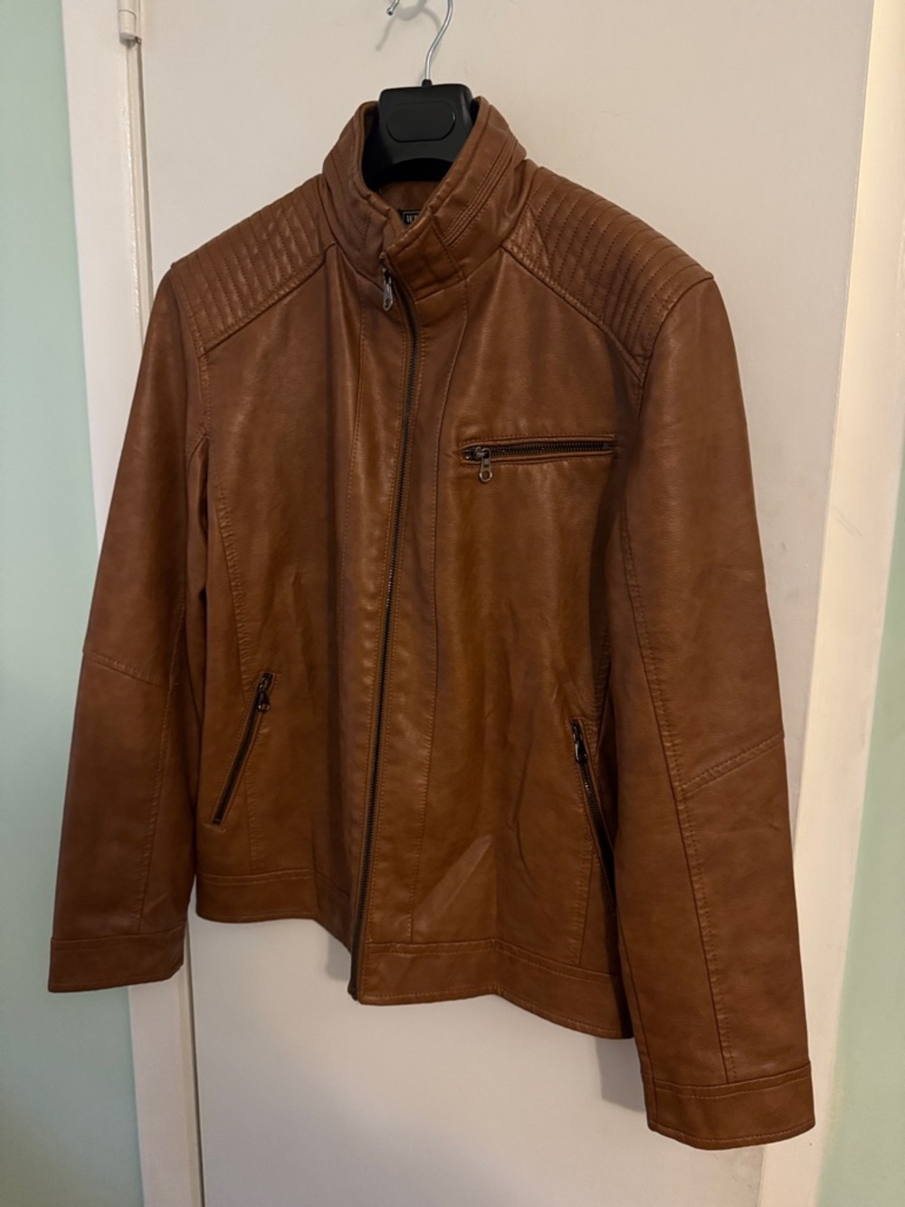 Men's Tan Faux Leather Bomber Jacket with Zip Pockets
